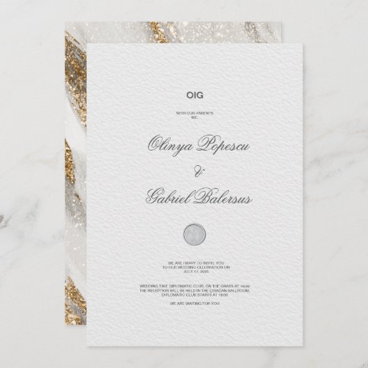 Witte huwelijksuitnodiging met gouden penseelstrek kaart (Voorkant / Achterkant)