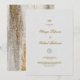 Witte huwelijksuitnodiging met gouden penseelstrek kaart