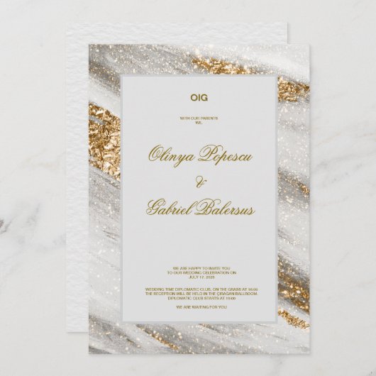 Witte huwelijksuitnodiging met gouden penseelstrek kaart (Voorkant / Achterkant)