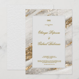 Witte huwelijksuitnodiging met gouden penseelstrek kaart