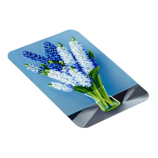 Witte hyacinten in een glazen vaas op blauw magneet (Rechterzijde)