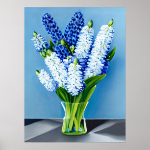 Witte hyacinten in een glazen vaas op blauw poster