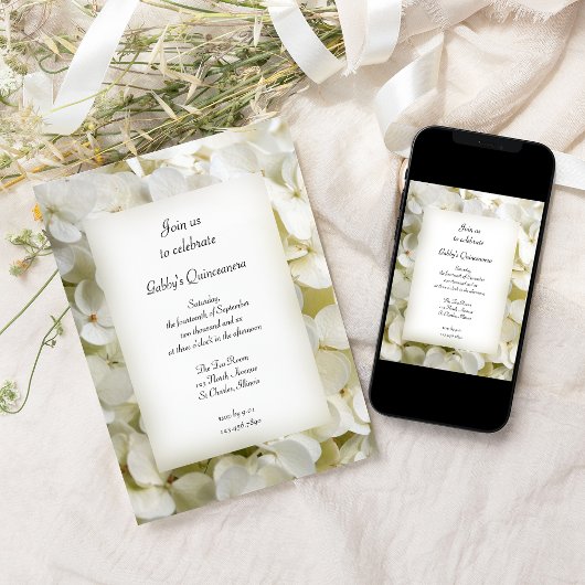 Witte Hydrangea Bloem Quinceanera Party Kaart