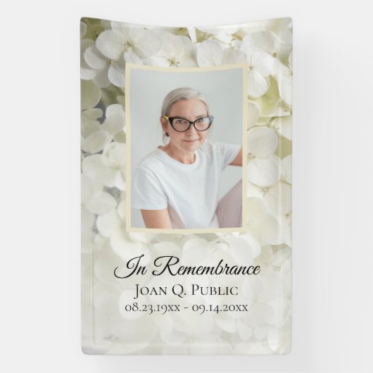 Witte Hydrangea Bloem Viering van het Leven Begraf Spandoek (Verticaal)