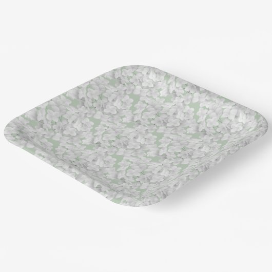 Witte Hydrangea bloemblaadjes op salie Papieren Bordje (Gebogen)