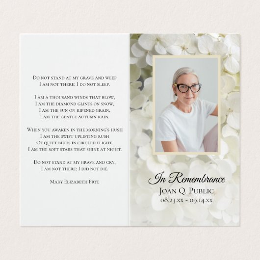 Witte Hydrangea Bloemen Begrafenis Gebed Visitekaartje (Buitenkant ongevouwen)