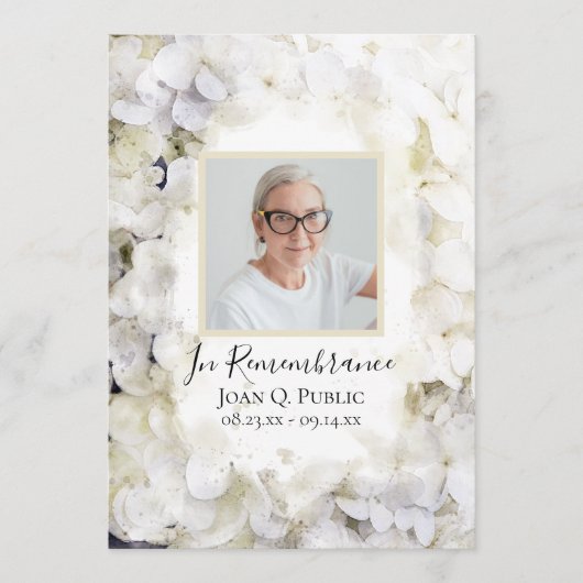 Witte Hydrangea Bloemen Begrafenisdienst Programmakaart (Voorkant)