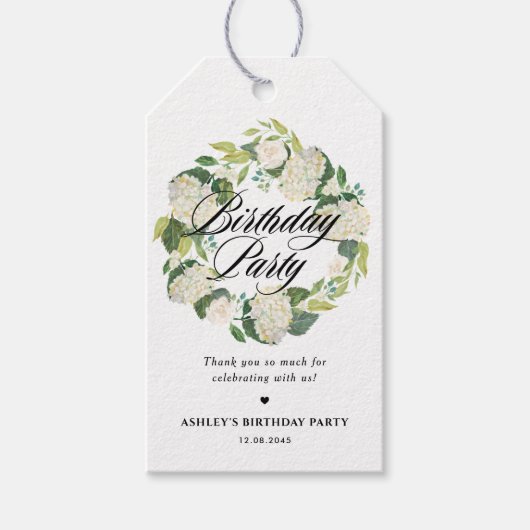 Witte Hydrangea Bloemen Krans Verjaardagsfeest Cadeaulabel (Voorkant)