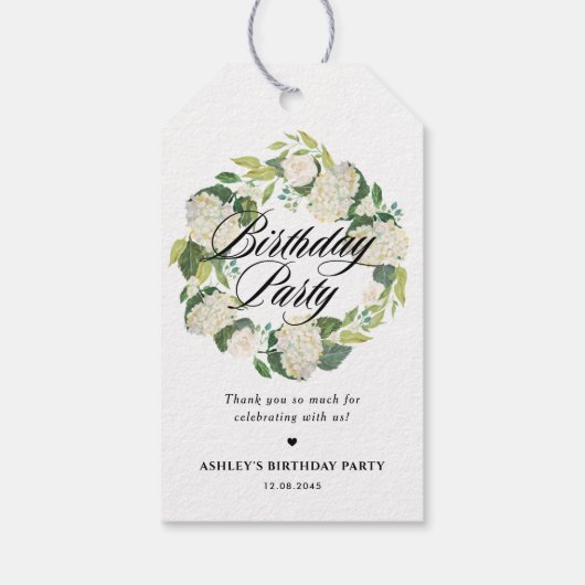 Witte Hydrangea Bloemen Krans Verjaardagsfeest Cadeaulabel (Achterkant)