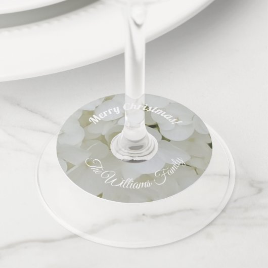 Witte Hydrangea Bloemen Naam en tekst toevoegen Wijnglaslabel (Dichtbij)