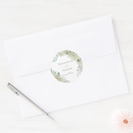 Witte Hydrangea bloemenbruiloft Ronde Sticker (Envelop)