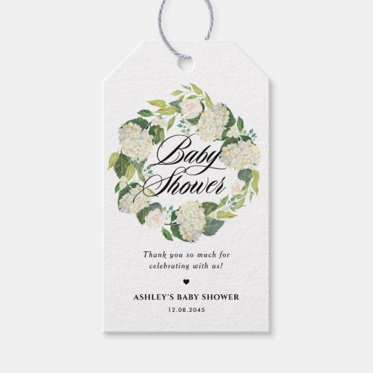 Witte Hydrangea Bloemenkrans Baby shower Cadeaulabel (Voorkant)