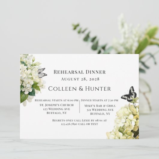 Witte Hydrangea Bloemenvlinder repetitie diner Kaart (Staand voorkant)