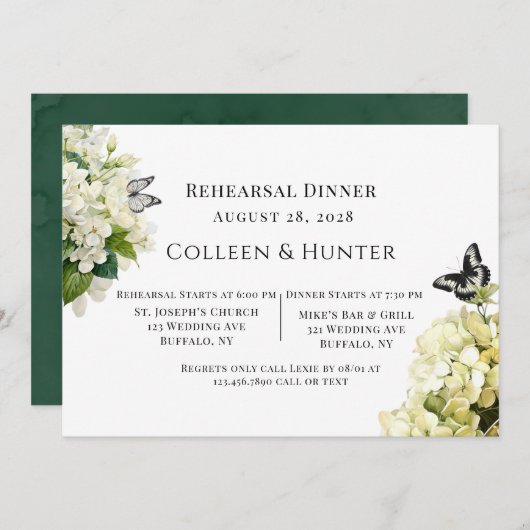 Witte Hydrangea Bloemenvlinder repetitie diner Kaart (Voorkant / Achterkant)