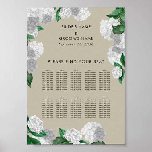 Witte Hydrangea Bloemige Trouwzaalstoelen Chart Poster (Voorkant)