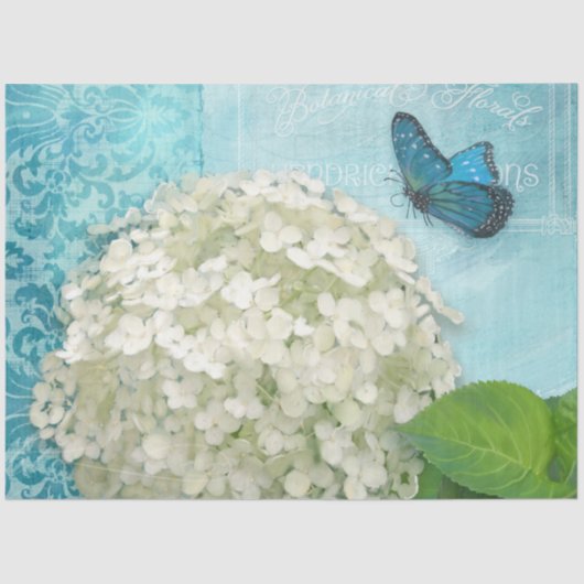 Witte hydrangea Blue Floral Butterfly Art Tissuepapier (Voorkant)