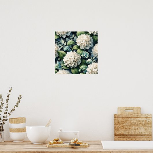Witte Hydrangea Botanische Schilderij Poster (Keuken)