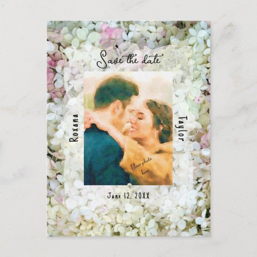 Witte Hydrangea bruiloft foto opslaan datum Briefkaart (Voorkant)