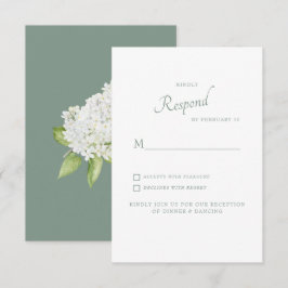Witte Hydrangea Dark Sage Bruiloft RSVP Kaartje