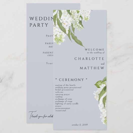 Witte Hydrangea Dusty Blue Wedding Programma (Voorkant / Achterkant)