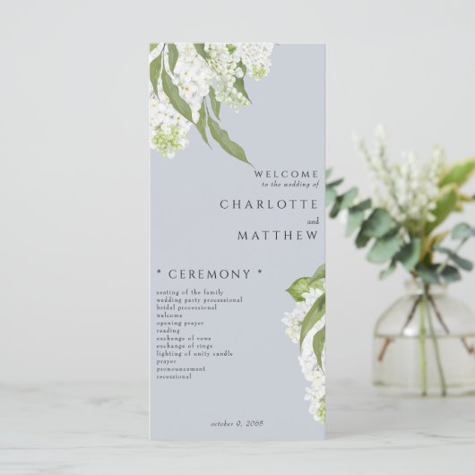 Witte Hydrangea Dusty Blue Wedding Programma (Staand voorkant)