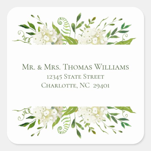 Witte Hydrangea Floral bruiloft adres Vierkante Sticker (Voorkant)