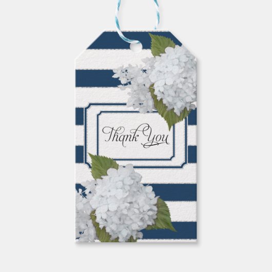Witte Hydrangea Floral Modern Elegant Navy Striped Cadeaulabel (Voorkant)