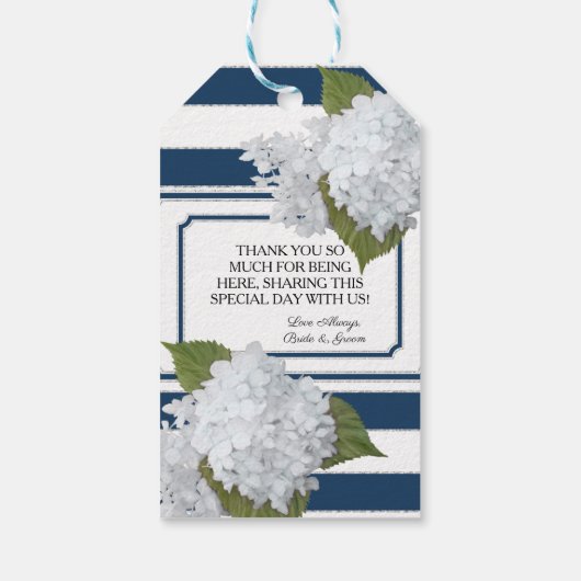 Witte Hydrangea Floral Modern Elegant Navy Striped Cadeaulabel (Achterkant)