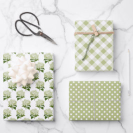 Witte Hydrangea Gingham en Polka Dot Patroon Inpakpapier Vel