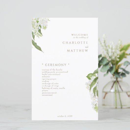 Witte Hydrangea Gouden Tekst Trouwprogramma (Staand voorkant)