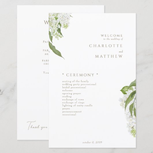 Witte Hydrangea Gouden Tekst Trouwprogramma (Voorkant / Achterkant)