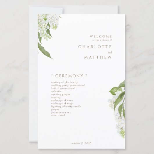 Witte Hydrangea Gouden Tekst Trouwprogramma (Voorkant)