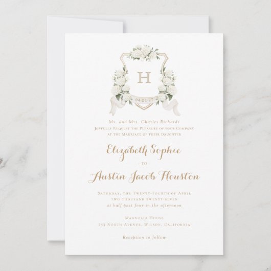 Witte Hydrangea Green Crest Monogram bruiloft Kaart (Voorkant)