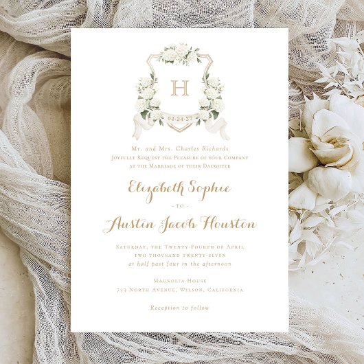 Witte Hydrangea Green Crest Monogram bruiloft Kaart