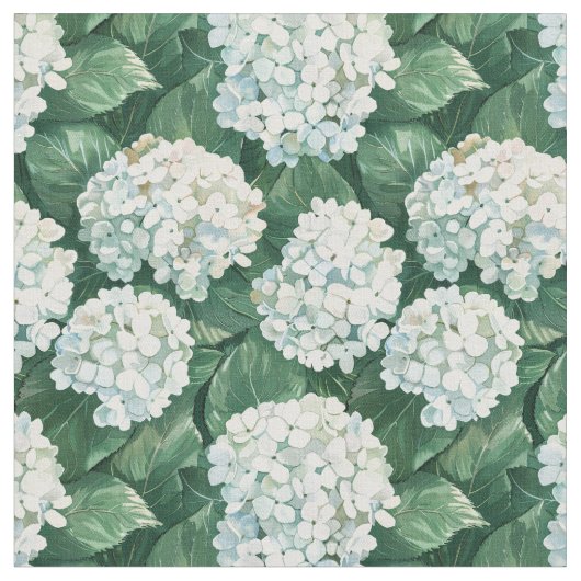 Witte Hydrangea Groene bladeren Waterverf Patroon Stof (Close Up)