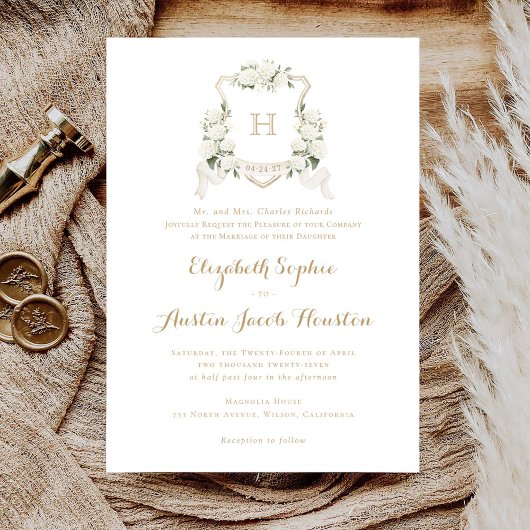 Witte Hydrangea Groene Krans Monogram Bruiloft Kaart