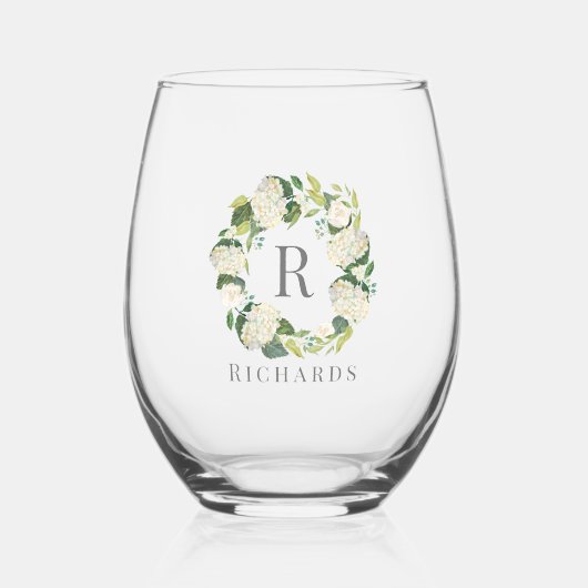 Witte Hydrangea krans Monogram Naam Wijnglas Zonder Voet (Voorkant)