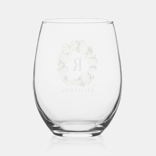 Witte Hydrangea krans Monogram Naam Wijnglas Zonder Voet (Achterkant)