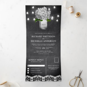 Witte Hydrangea Mason Jar String Lights Wedding Drieluik Uitnodiging
