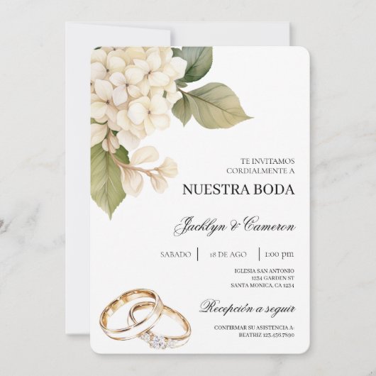 Witte Hydrangea met ring Spaanse Bruiloft Kaart (Voorkant)