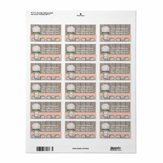 Witte Hydrangea Monogrammed Mason Jar in Perzik Etiket (Full Sheet)