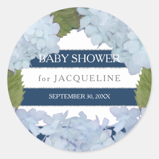 Witte Hydrangea Navy Blue Gestreept Baby shower Ronde Sticker (Voorkant)