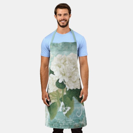 Witte hydrangea op blauw schort (Gedragen)