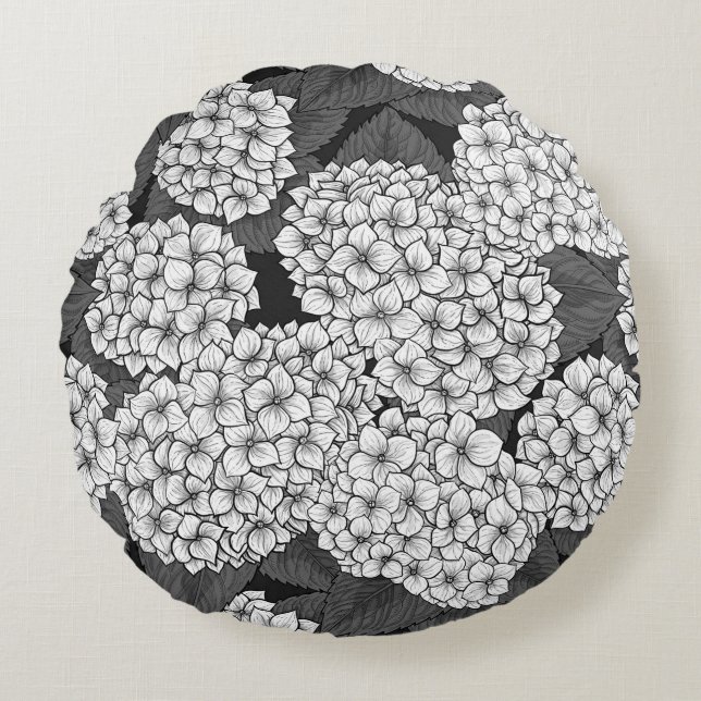Witte hydrangea rond kussen (Voorkant)