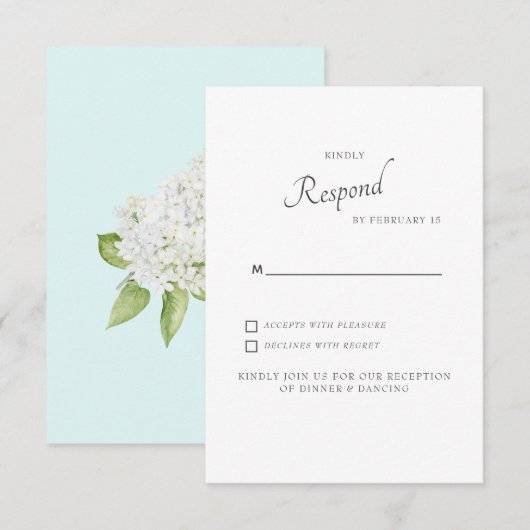 Witte Hydrangea Seafoam Huwelijks RSVP Kaartje (Voorkant / Achterkant)