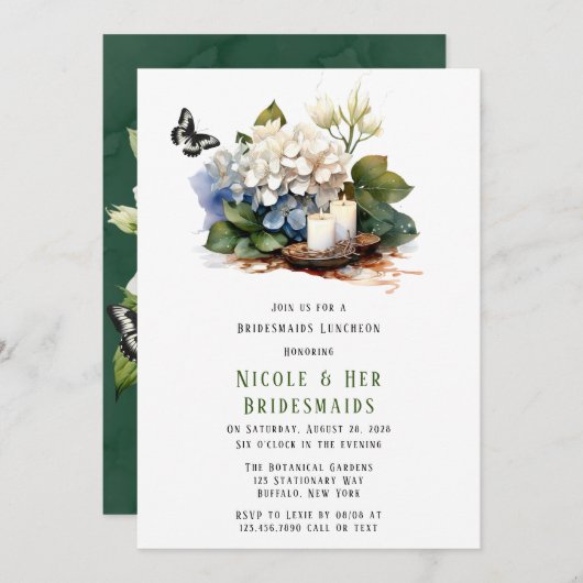 Witte Hydrangea Vlinder Bruidsmeisjes Lunch Kaart (Voorkant / Achterkant)