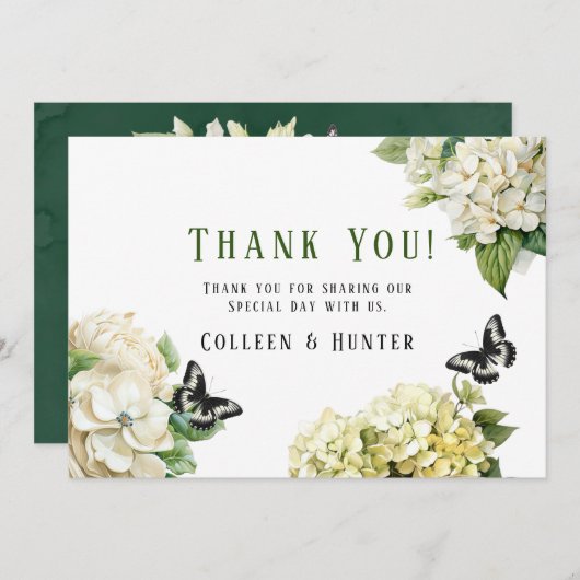 Witte Hydrangea vlinder bruiloft dank u kaarten (Voorkant / Achterkant)