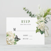 Witte Hydrangea Vlinder Bruiloft RSVP Kaarten (Staand voorkant)