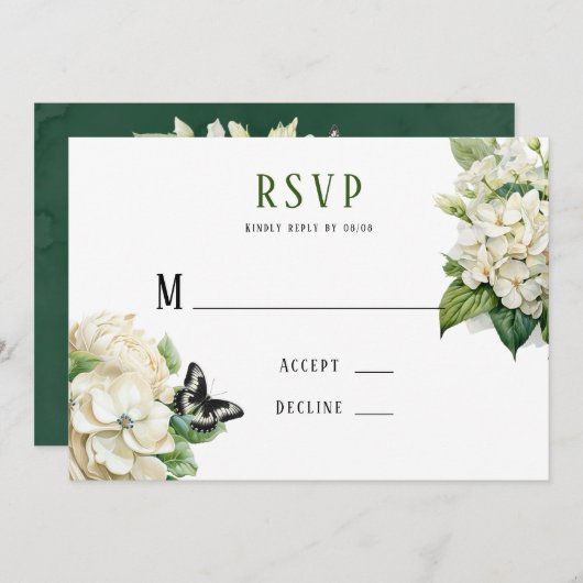 Witte Hydrangea Vlinder Bruiloft RSVP Kaarten (Voorkant / Achterkant)