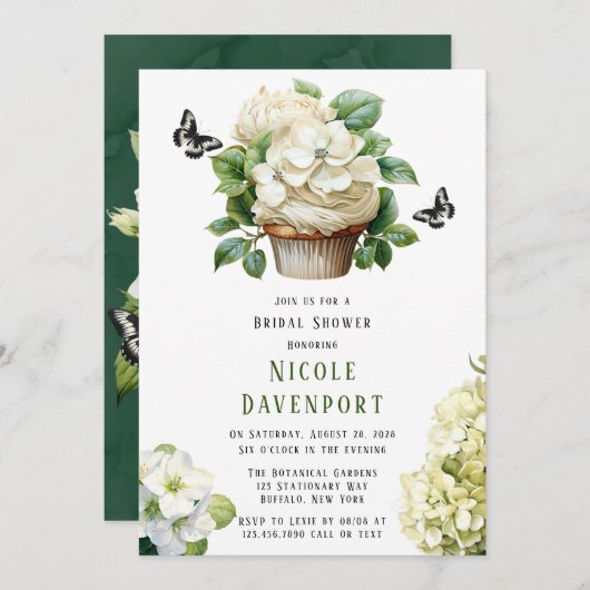 Witte Hydrangea Vlinder Cupcake Vrijgezellenfeest Kaart (Voorkant / Achterkant)
